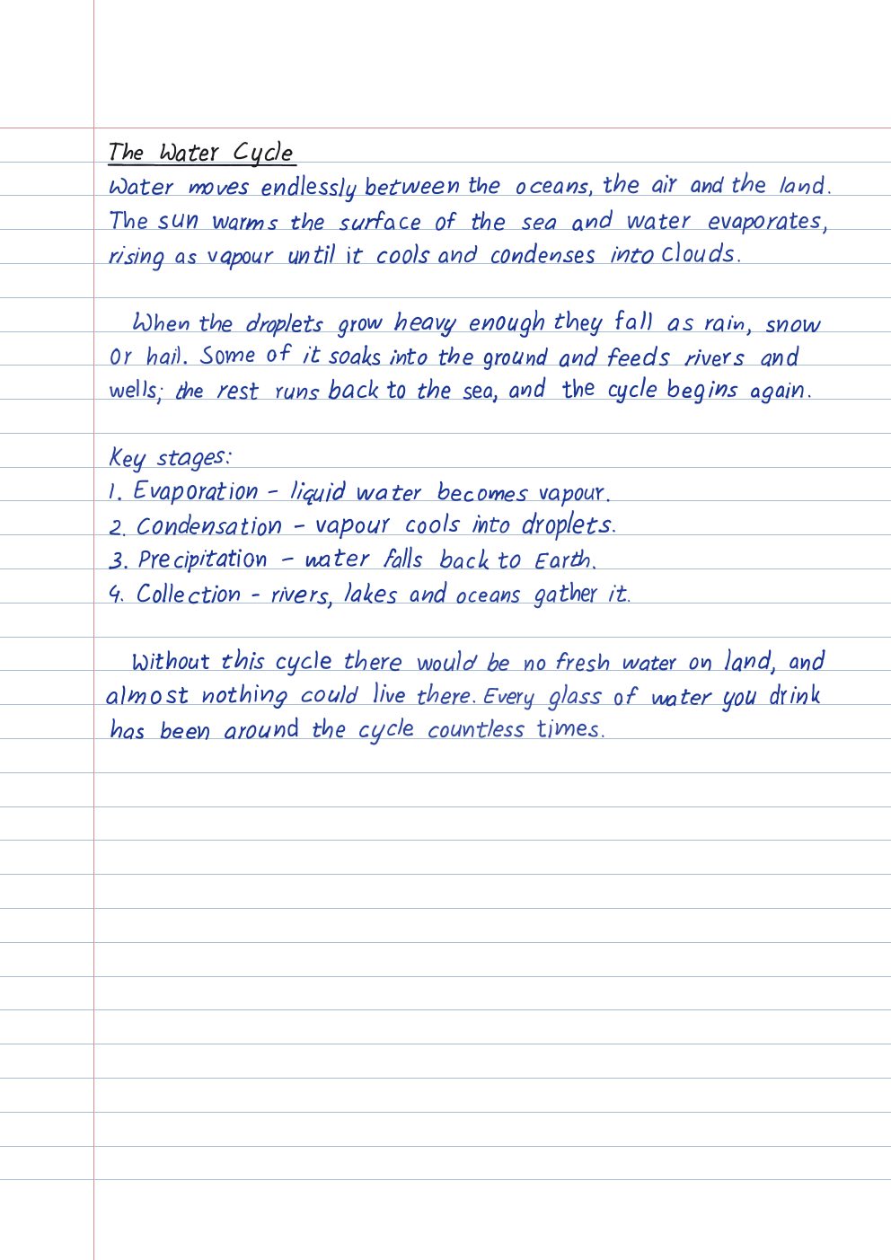 A handwritten page about the water cycle
