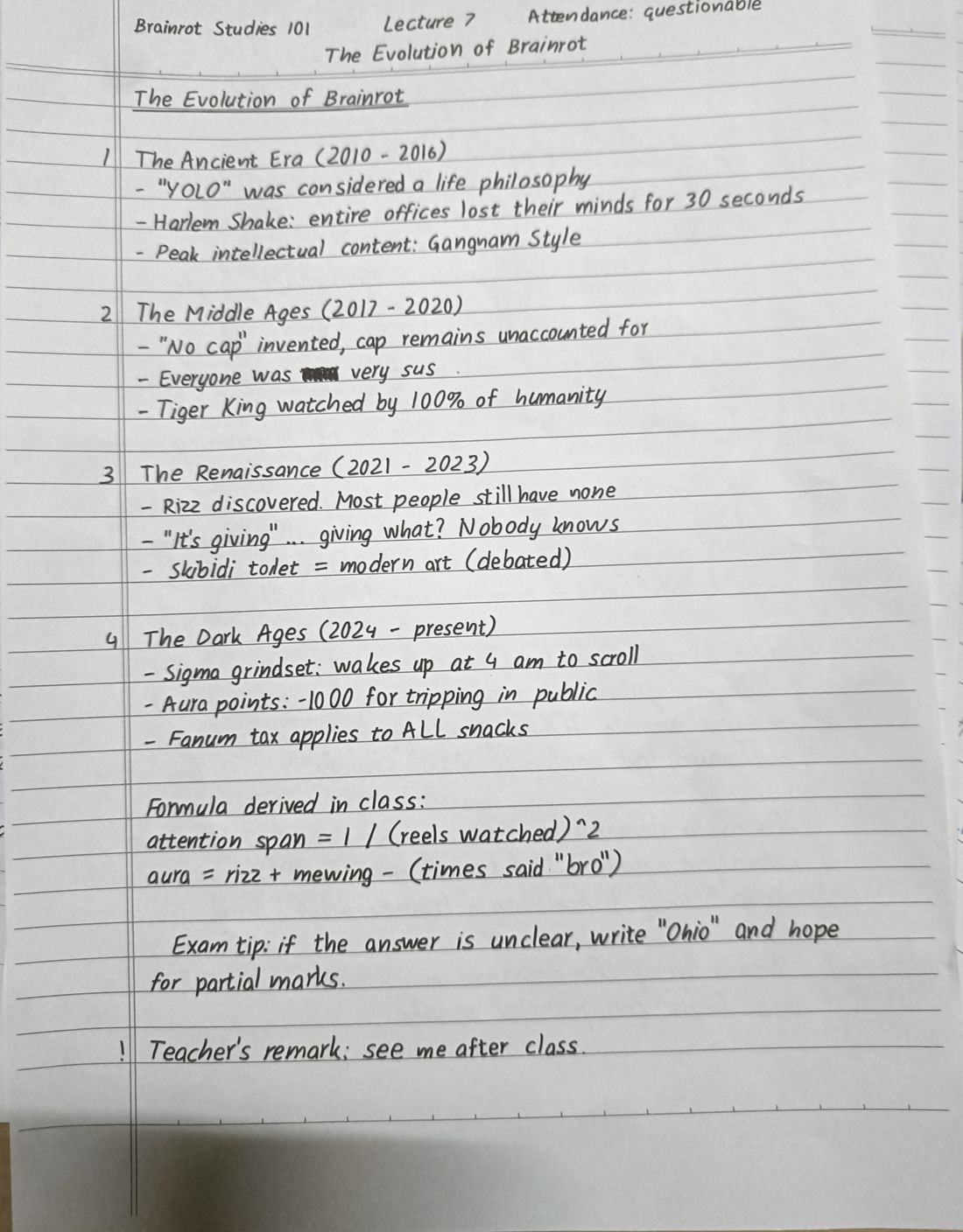 A printed assignment page titled The Evolution of Brainrot, in neat black handwriting, photographed on a desk